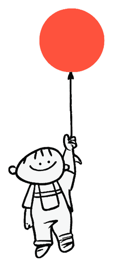 Strichzeichnung eines Kindes, das an einem roten Luftballon schwebt.